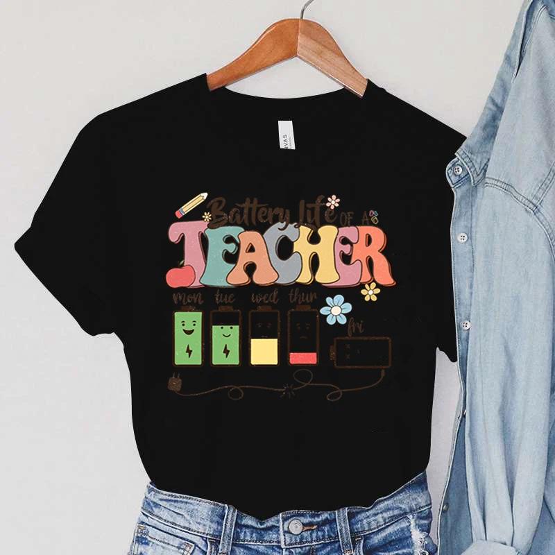 Battery Life of Teacher Print T Shirt Women Summer Tshirt Casual Female Tees for Lady Short Sleeve Kpop Y2k Tops Harajuku