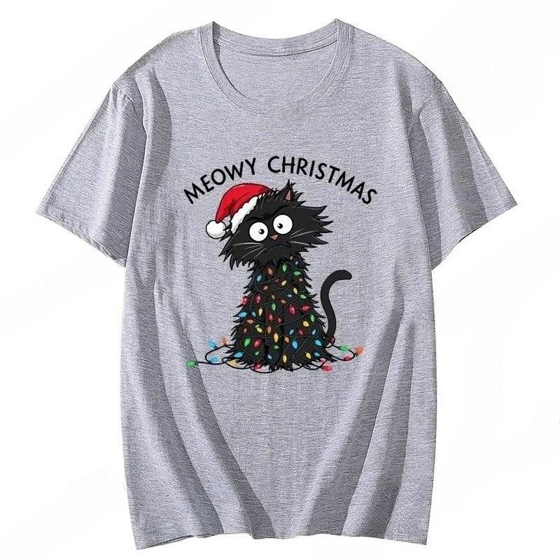Womens casual pattern Tshirt  Meowy Christmas print Christmas short sleeved round neck Tshirt Christmas Day Tshirt