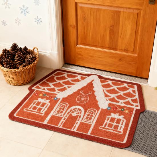 Gingerbread House Christmas Rug Gingerbread Welcome Door Mat Christmas Non Slip Entrance Rug
