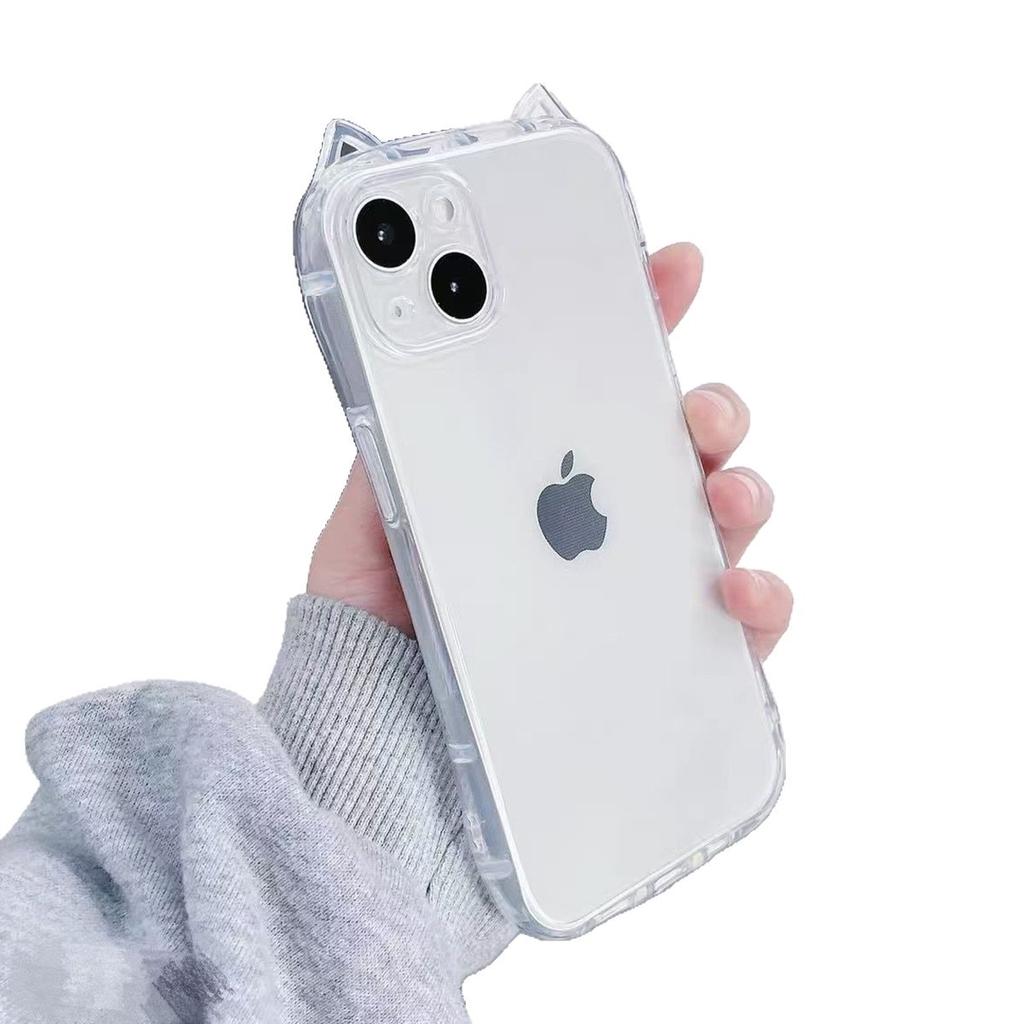 Cat Ears Transparent New Mobile Phone Case for Girls, Simple, High-end, Fashionable and Trendy Four-corner Airbag Mobile Phone Case for Apple