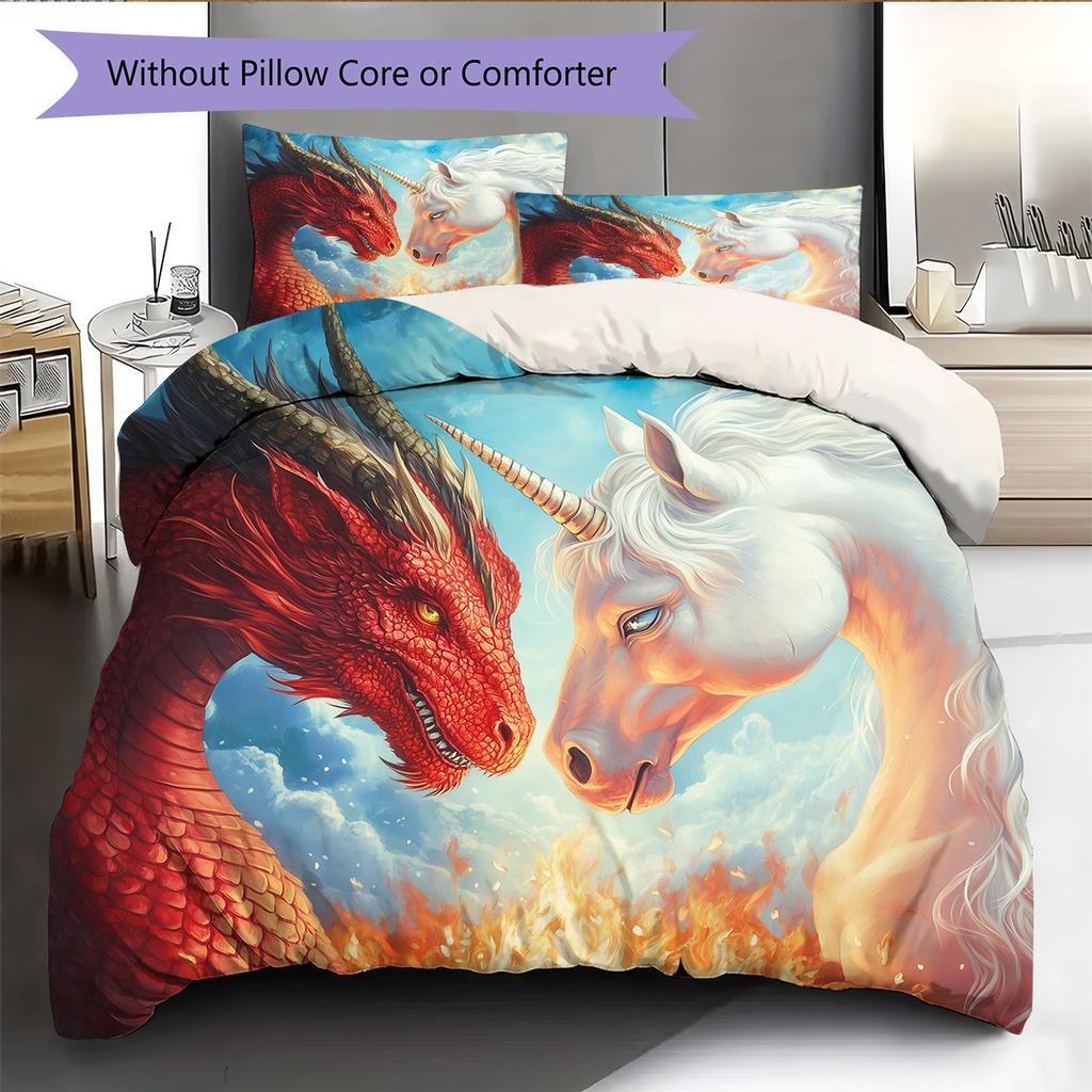 Dragon and unicorn Pattern Bedding Quilt Set Quilt Cover Pillowcase Home Decoration Gift (1 * duvet cover + 2 * pillowcase, without core)