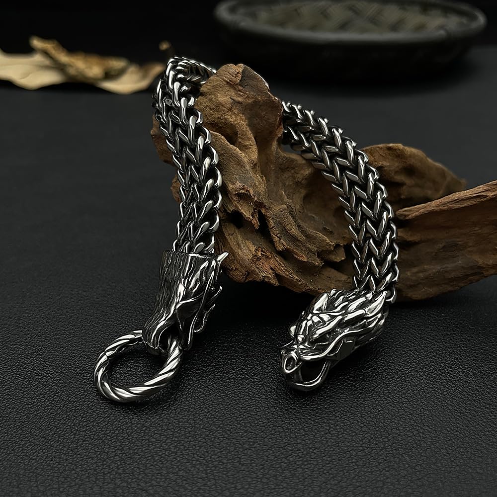 Silver Dragon Animal Motif Dragon Ring Dragon Bracelet Double Layer Chain Stainless Steel Hypoallergenic Halloween Anniversary Gift Accessory Su