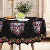 1 Piece, Halloween Colorful Skull Round Tablecloth With Bright Flowers And Skull Designs On A Black Background
