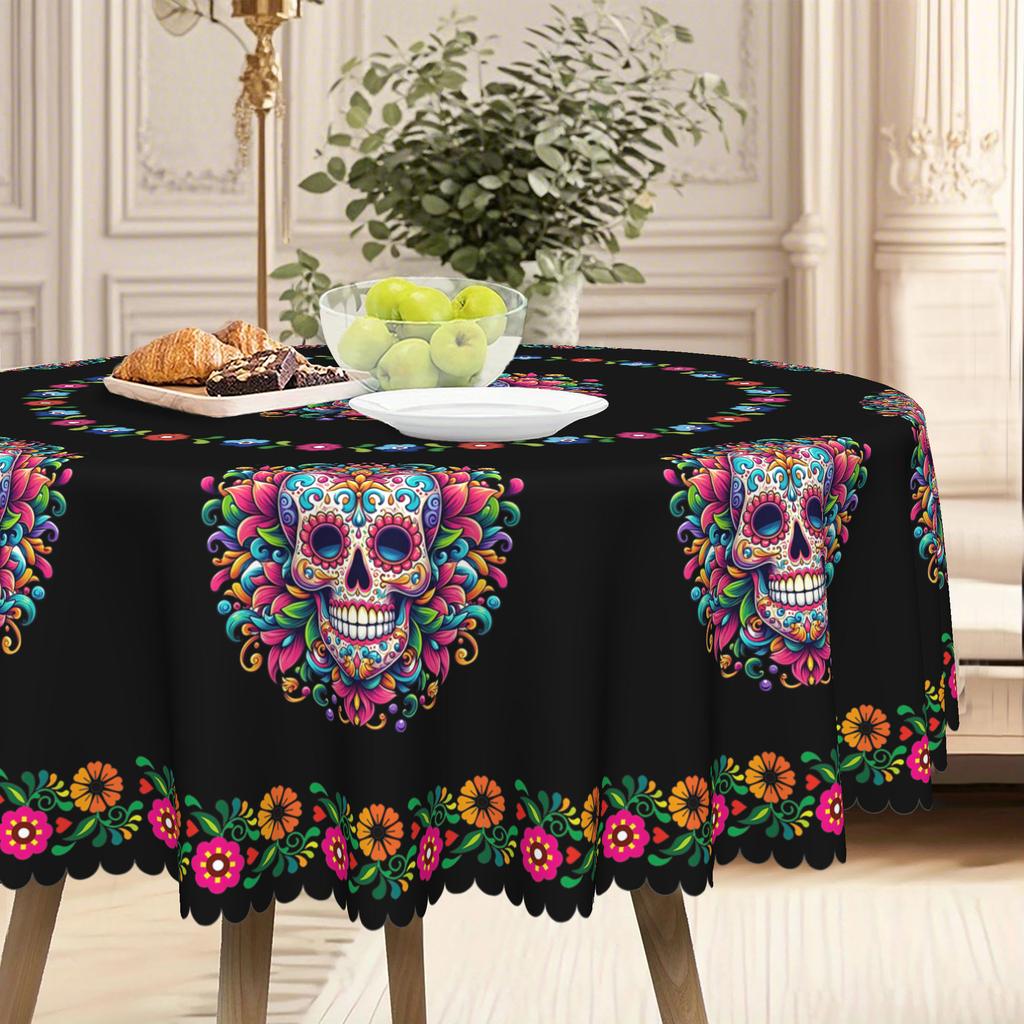 1 Piece, Halloween Colorful Skull Round Tablecloth With Bright Flowers And Skull Designs On A Black Background