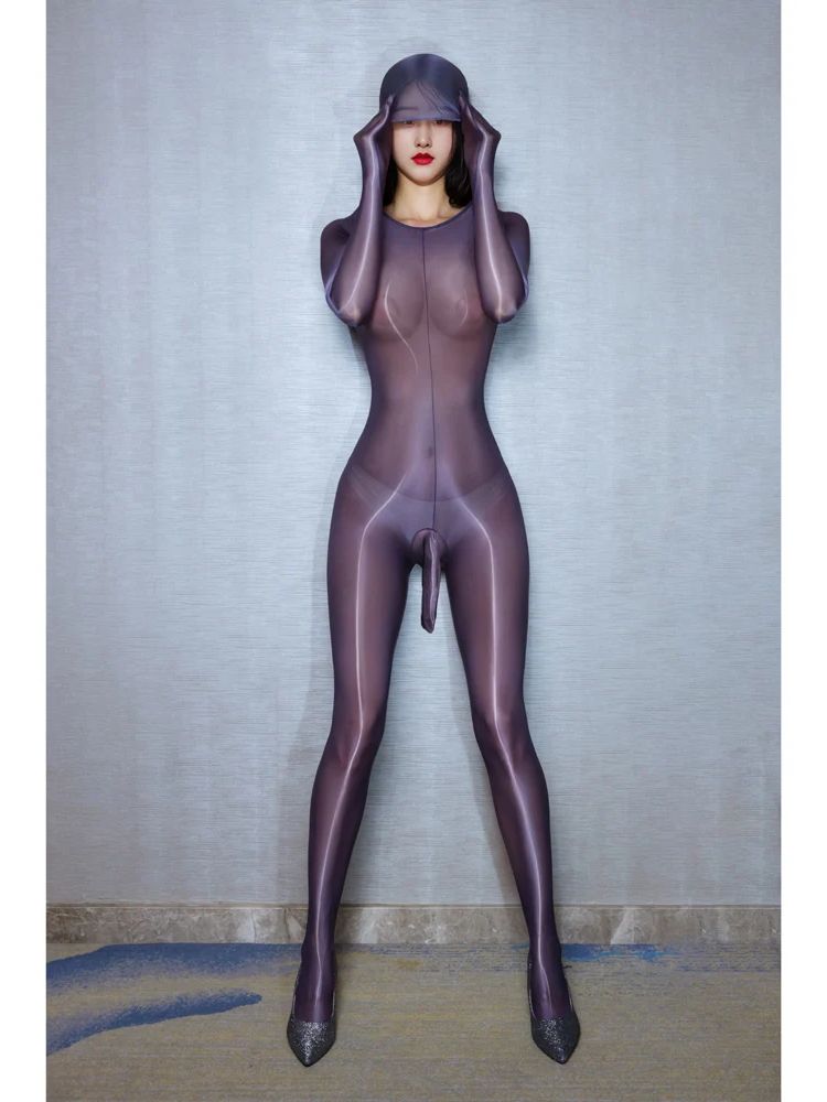 M Xl Hooded Lustrous Gleaming Stretch Fabric Catsuit Encased Hand Bodystocking Penis Sheath All In One Nylon Tights Leotard Conjoined Jumpsuit