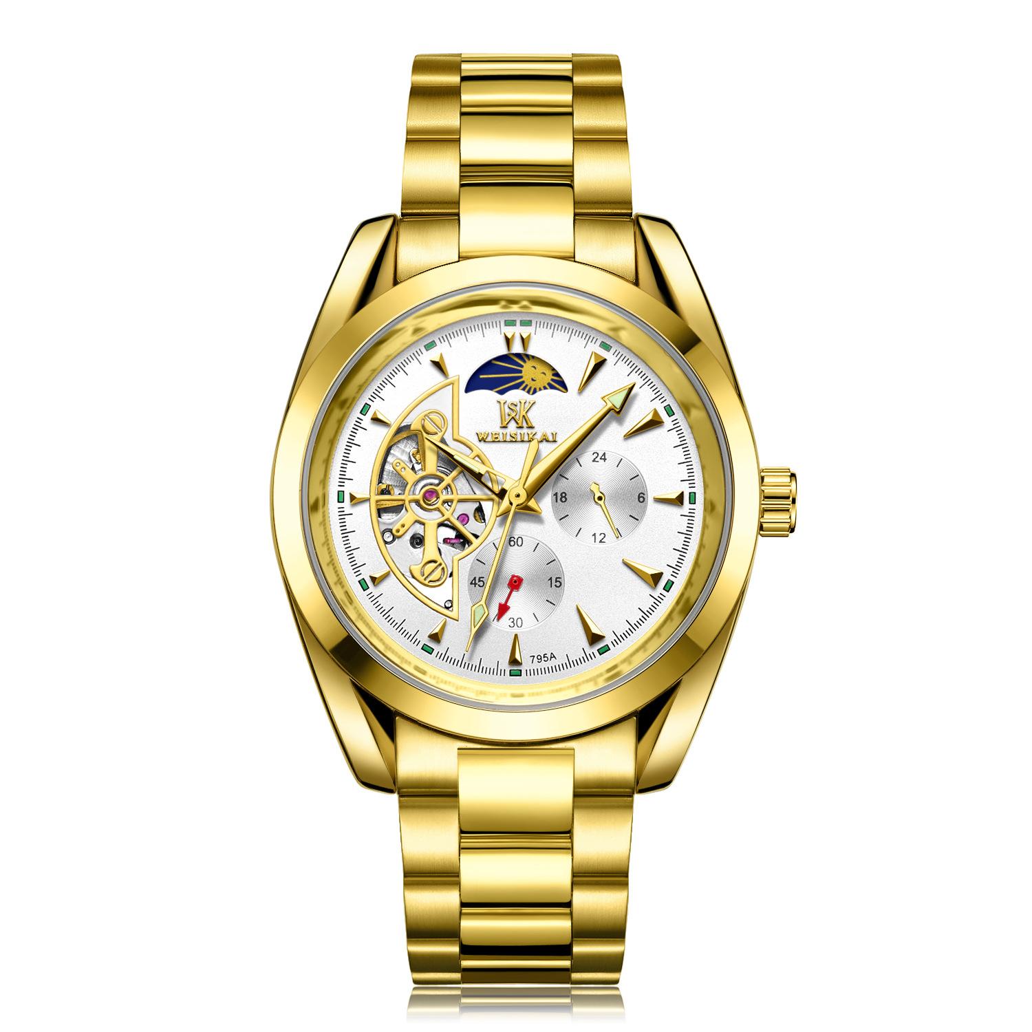 

WEISIKAI 795A Мужские часы Новые роскошные мужские часы топ-бренда с коробкой Водонепроницаемые светящиеся автоматические мужские механические часы белый/золотой