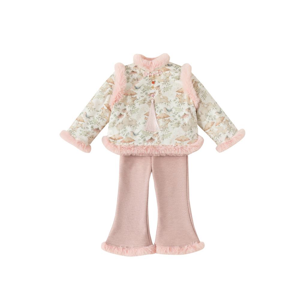 Traditional Chinese Girl Dress Up Set With Warm Long Sleeve Top And Pants For Kids Winter Wear