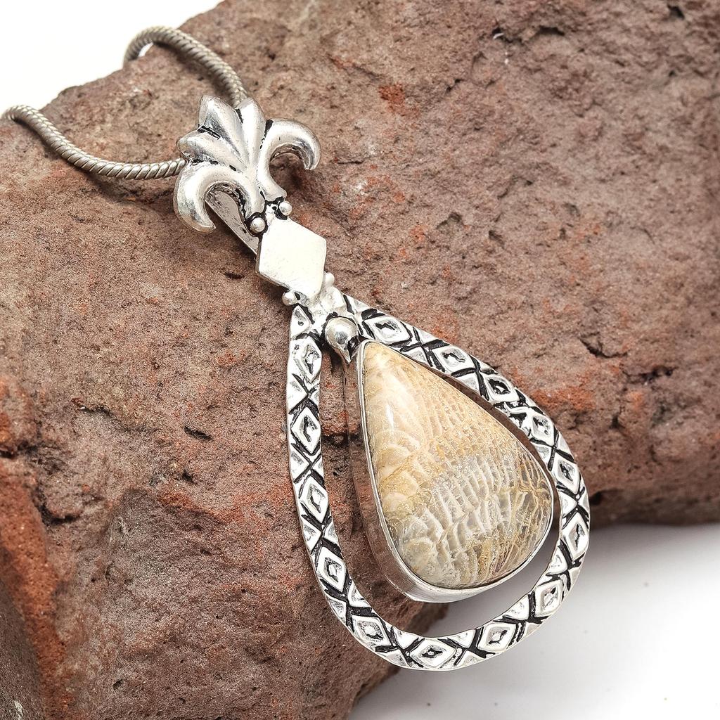 Necklace Fossil Gemstone Coral Gifted Jewelry 18" Handmade Natural