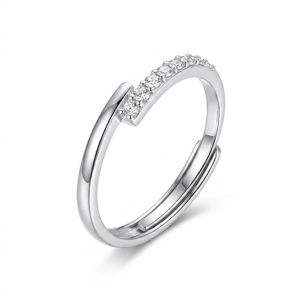 S925 Sterling Silver Adjustable Asymmetrical Diamond Ring - Minimalist, Cool, Intellectual Women's Accessory.
