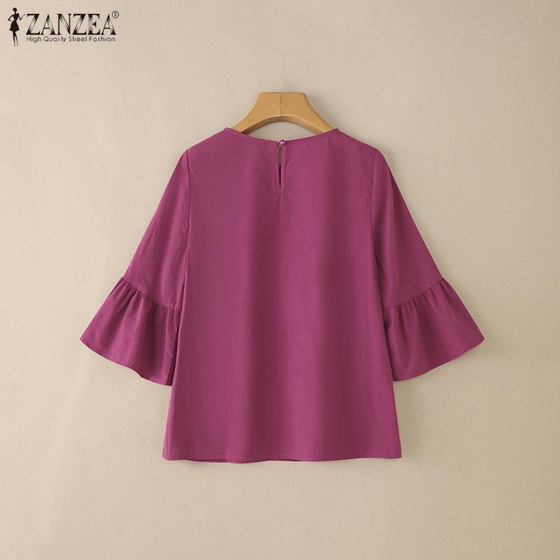 ZANZEA Women Casual Round Neck Solid Color Loose 3/4 Sleeve Blouse