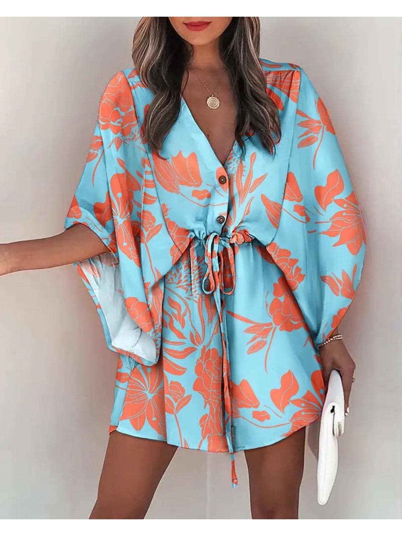 

Платье с V-образным вырезом и цветочным принтом на пуговицах, элегантное платье-рубашка с высокой талией для женщин, свободные платья с коротким рукавом, повседневное платье XXL