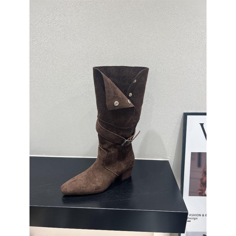 High Heel Suede Pointed Pile Boots Medium Knight Boots Women's Boots Season Brown Long Skinny Boots