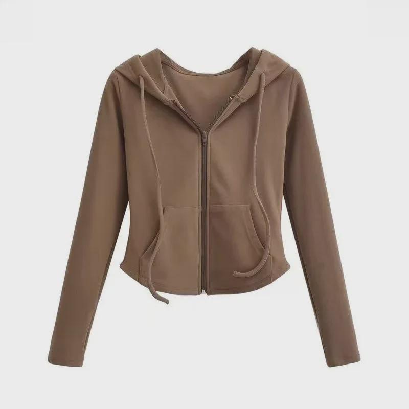 

Женский модный кардиган с капюшоном Maillard — высокая талия, облегающий крой, длинный рукав XL (115-130 jin) кофейный