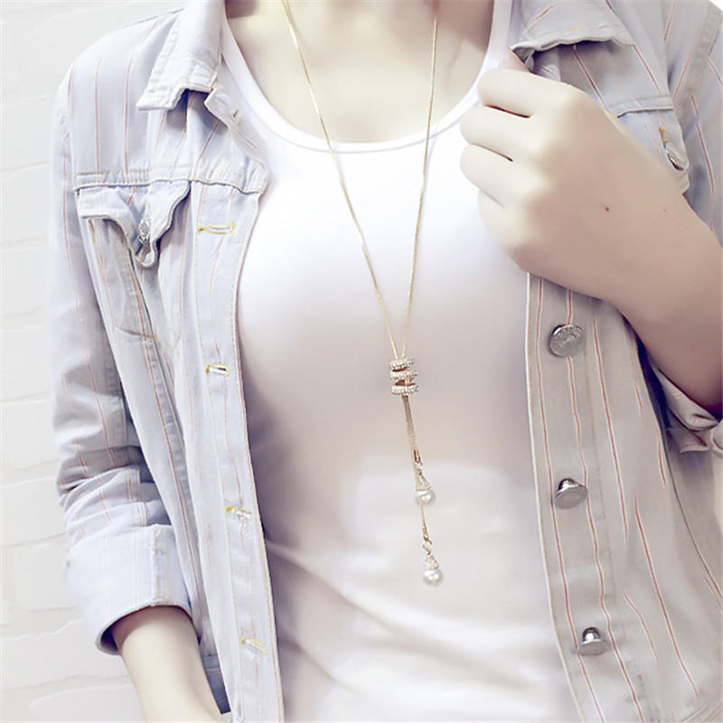 Pearl Crystal Long Sweater Chain Circles Necklace Vintage Accessary Crystal Collares Jewlery