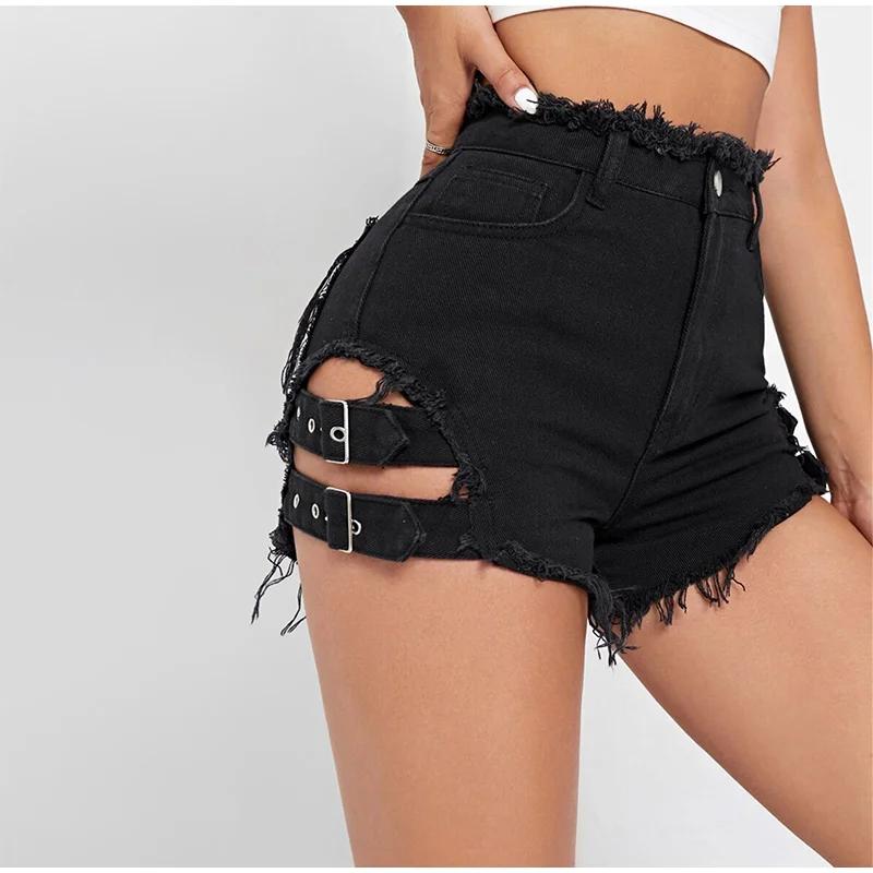 Summer Women Denim Shorts with Frayed Hem Buckle Straps Y2K Fashion Trendy Cut Out Jeans Shorts