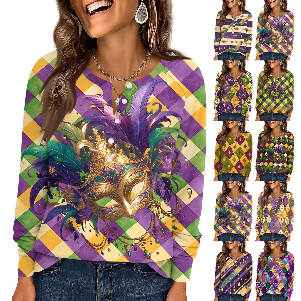 Women's Fashionable Loose Long Sleeved Carnival Printed Casual Top