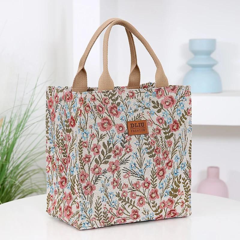 

Aesthetic Floral Print Lunch Bag Insulated Large Capacity Lunch Bag Thermal Cooler Handbag for School Work Travel Picnic Gift рожевий