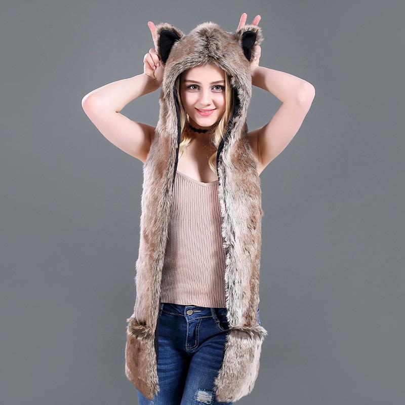 Fellimitat Mütze mit Schal und Handschuhen Set - Niedliches Plüschtier-Motiv Winter Warme Kopfbedeckung Damen Teens