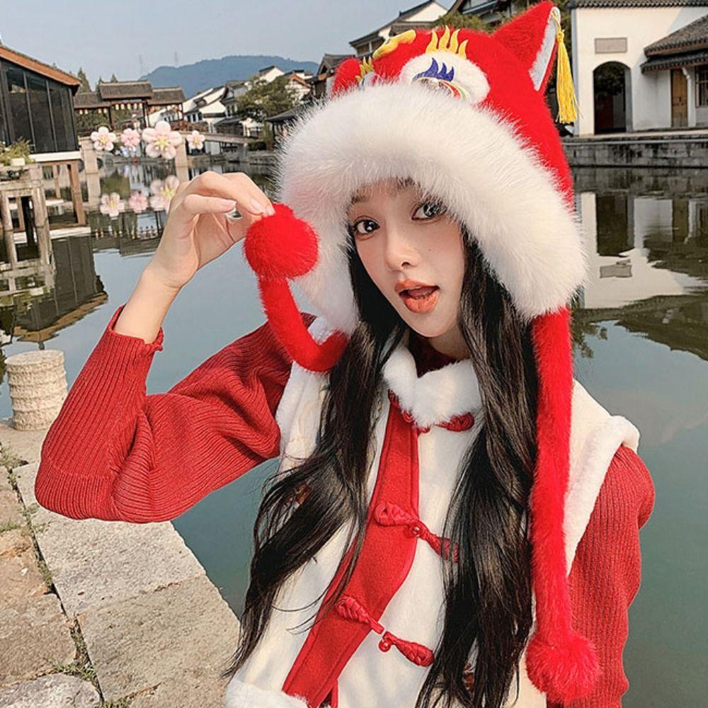 Ear Muffs New Year Pullover Cap Lace Up Scarf Gloves Hat Winter Plush Warm Hat  New Year Gift