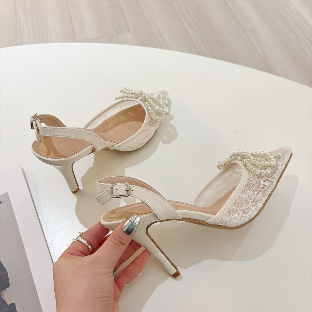 Fashion New Spring 2025 White High-Heeled Women'S Pearl Bow Lace Pointed Toe Sexy And Versatile Sandals
