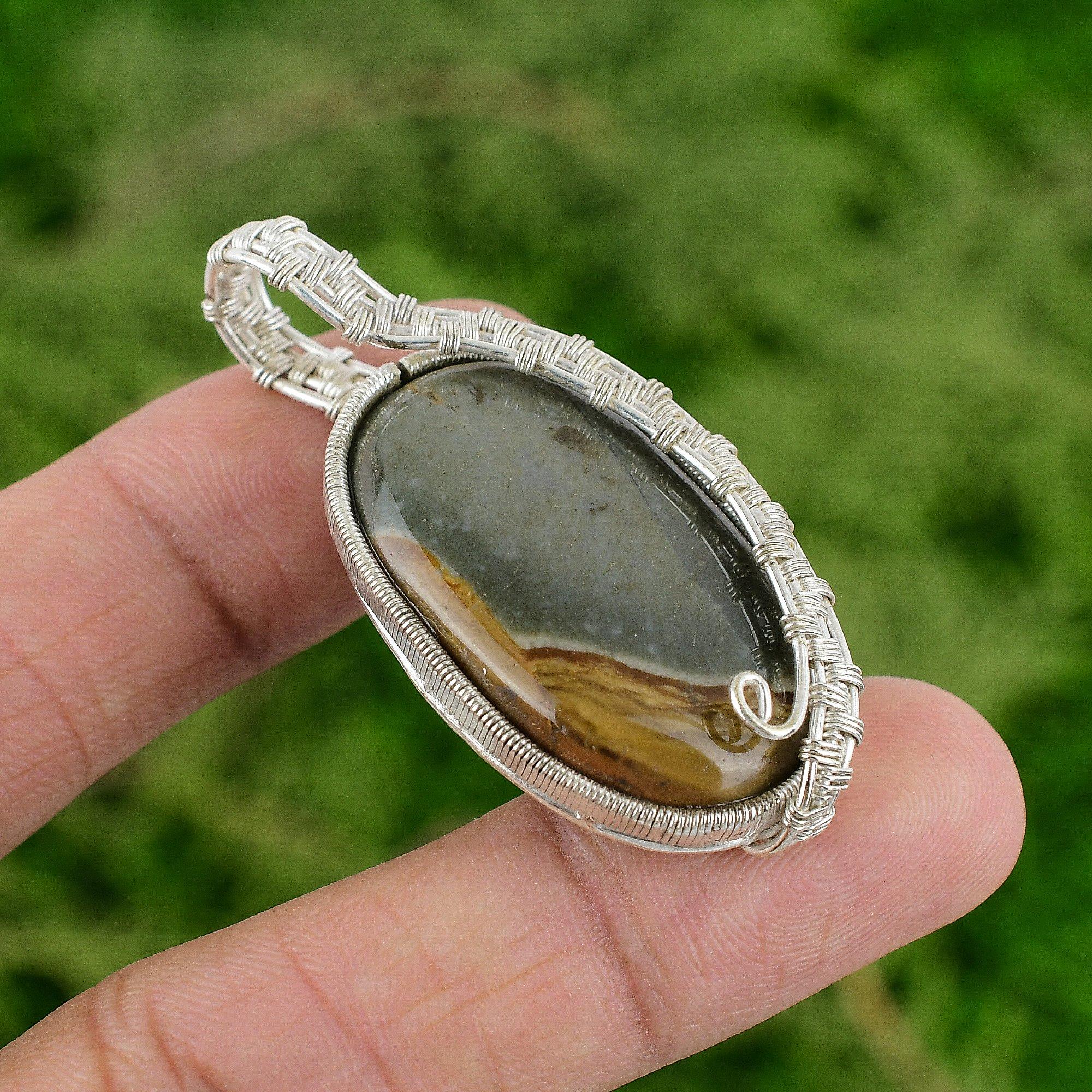 

925 Silver Polychrome Jasper Gemstone Wire Wrap Art Deco Wedding Pendant Jewelry
