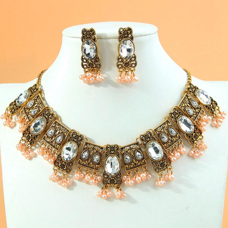 Vintage Crystal Choker Necklace Inlaid Rhinestone Ethnic Style Jewelry Set Women Accessories