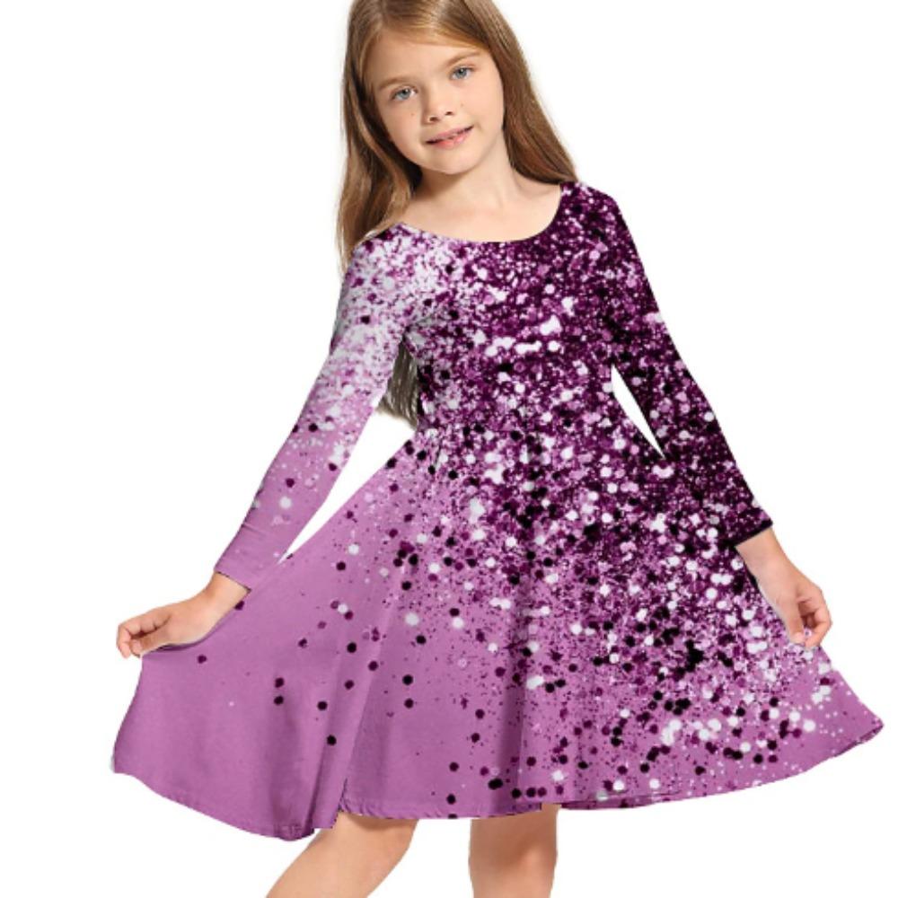 Girl Casual 3D Ombre Sequin Dress Print Round Neck Long Sleeve Dress Kid Princess Dress