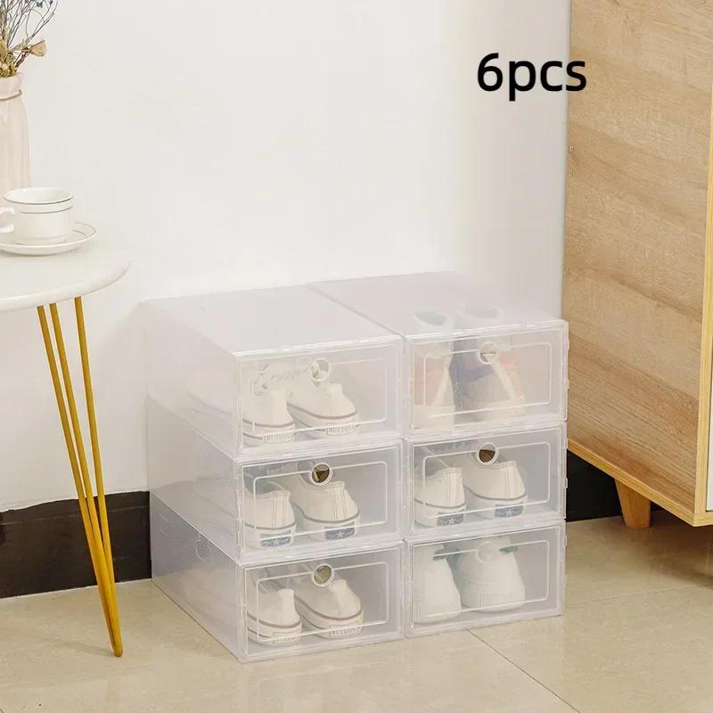 6/1cs Transparent Shoes Case Folding Storage Box Thickened Drawer Case Plastic Shoe Boxes Stackable Organizer Household Item
