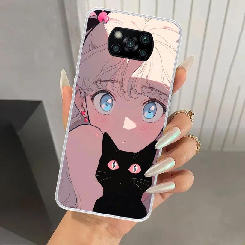 Anime Girls Cute Black Cat Phone Case for Xiaomi Poco X5 X6 X7 Pro F7 Ultra M7 Redmi 15 15C 13 13C 12 12C 10 10A 10C 9 9A 9C 9T