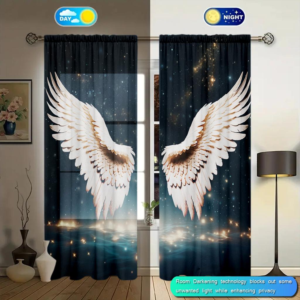 2pcs Angel Wings Printed Curtain For Home Decor Rod Pocket Window Treatment For Bedroom Office Kitchen Living Room Study Cortina
