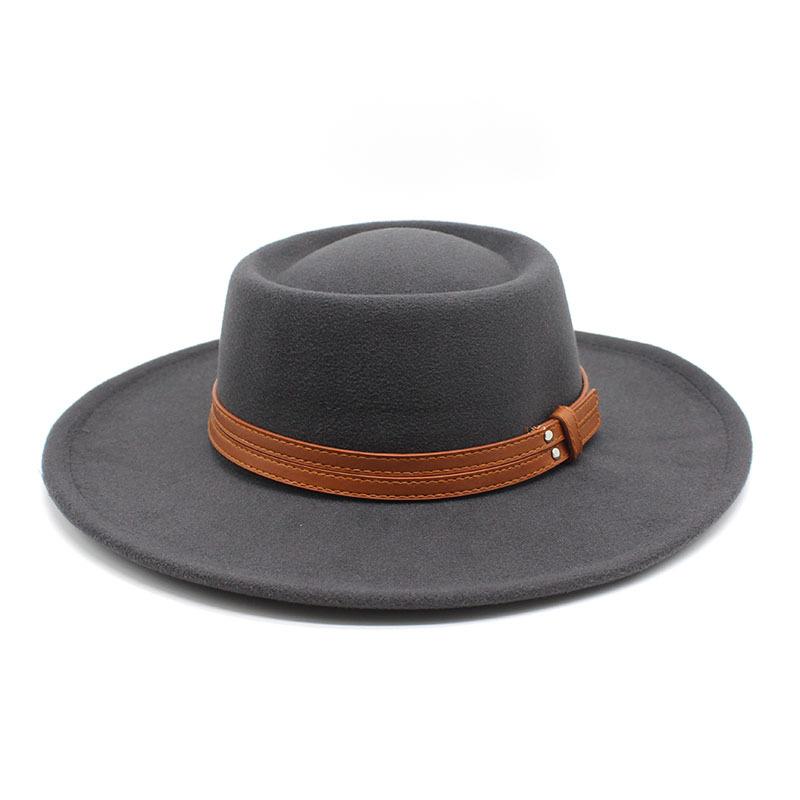 French Double Belt Buckle White Woolen Hat Flat Top Top Hat Female British Retro Style Wide Brim Felt Hat