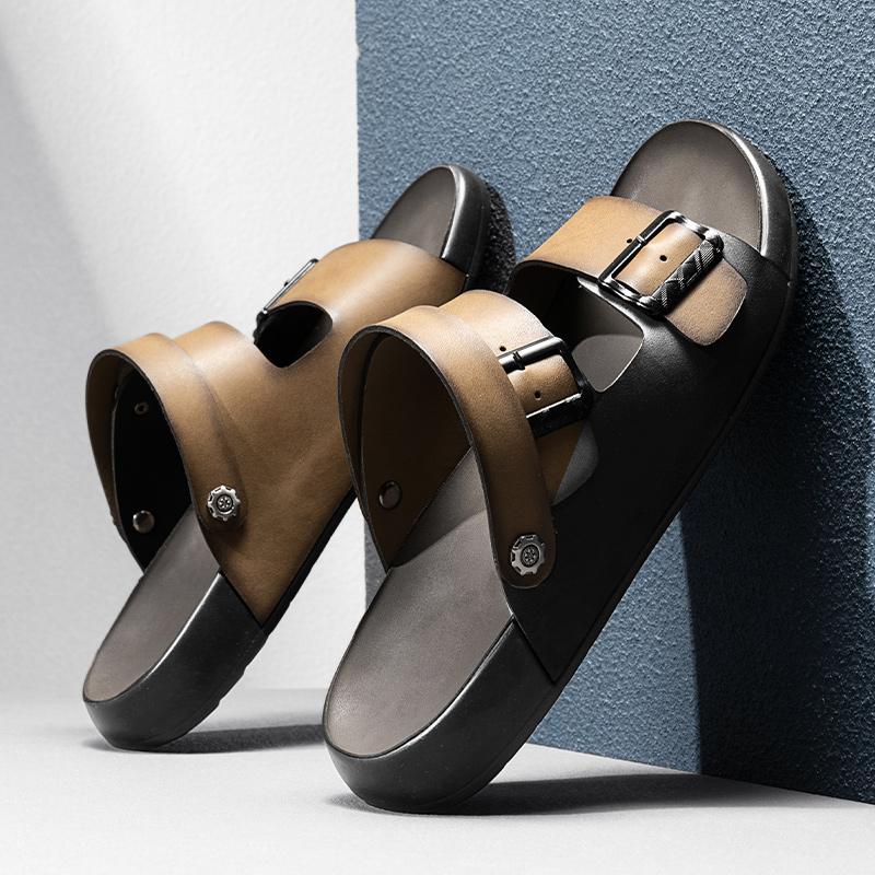 Fashion Brand Men Leather Sandals Summer Soft Sole Beach Casual Classic Dual-use Slippers Outdoor Comfort Non-Slip New Arrival Sandals