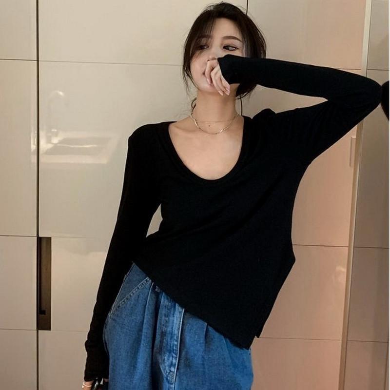 

Women s High-Waist Irregular Long Sleeve T-Shirt, Solid Color, Figure-Flattering, 2025 Spring & Autumn Collection M чорний