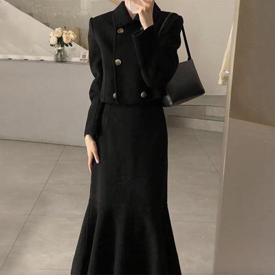 Hepburn Style Black Fishtail Dress: Elegant Autumn/Winter Women's Slim Two-Piece