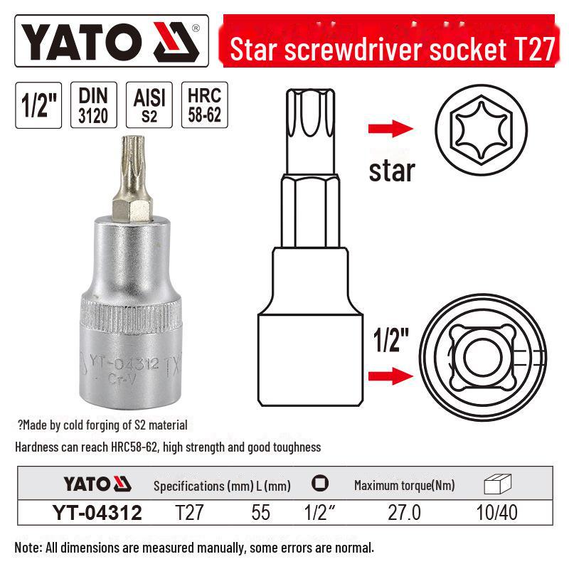 YATO 1/2" Star Screwdriver Socket Set, Chrome Vanadium Steel, S2 Head