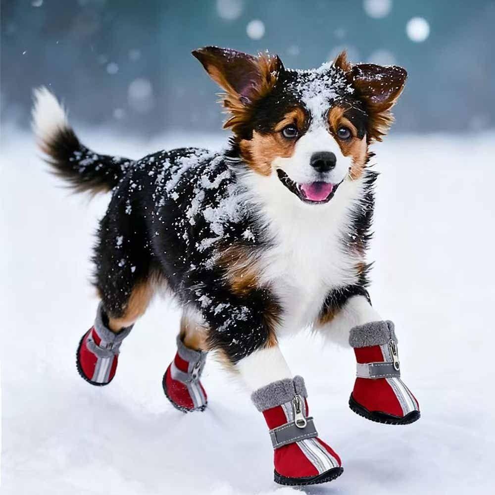 4pcs/set Comfortable Warm Winter Dog Shoes Thickened Waterproof Pet Snow Boots Reflective Adjustable Anti-slip Dog Boots Outdoor