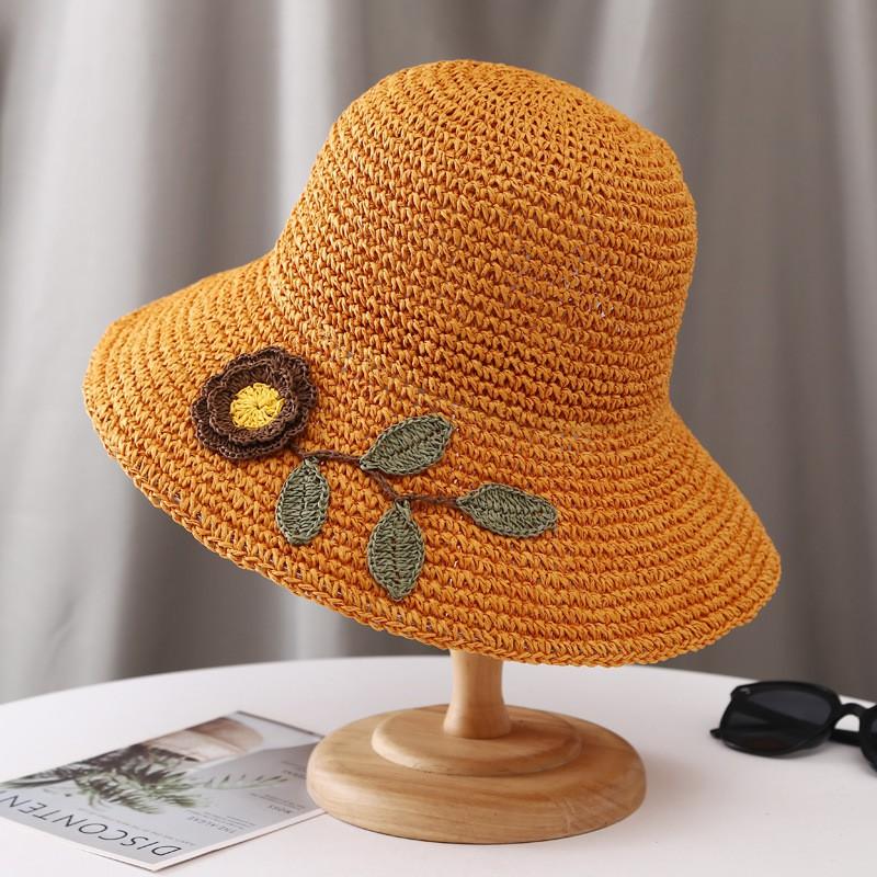 Womens Foldable Straw Hat With Wide Brim Beach Vacation Sun Protection Adjustable Size
