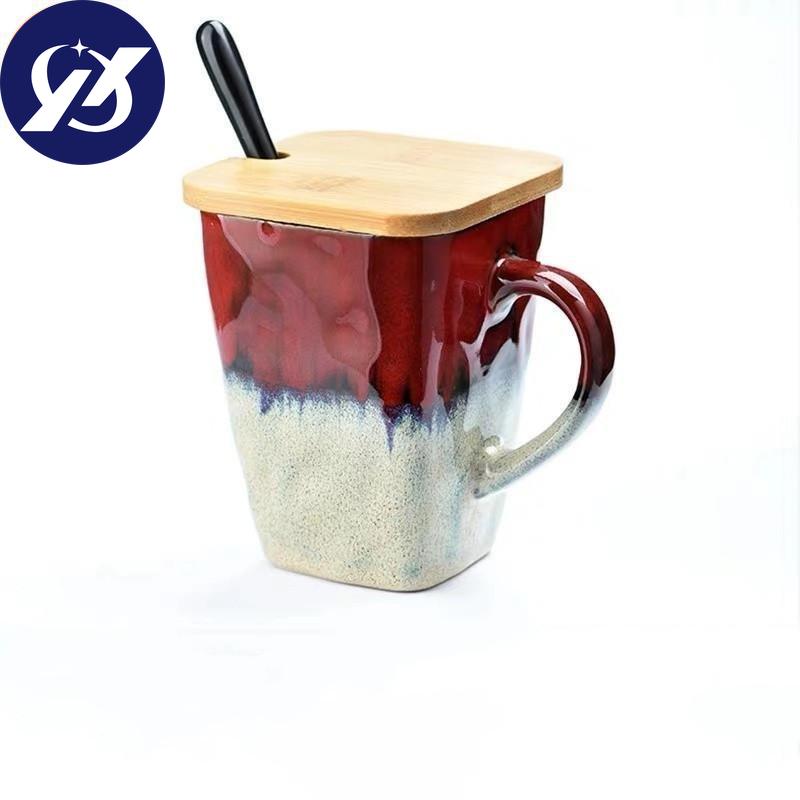 Creative Flow Glaze Square Coffee Mug With Spoon and Lid Retro Tea Cup Simple Household Matte Color Ceramic Milk Water Cup Gift
