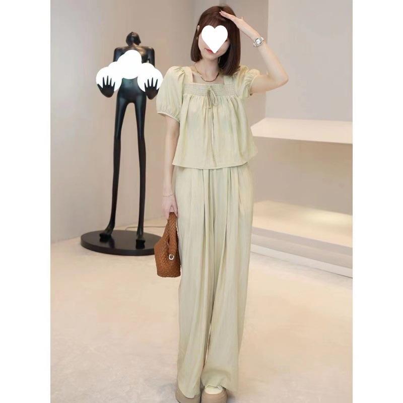 Elegant Square Neck Puff Sleeve Shirt Versatile Slimming Wide Leg Pants Two-piece Set Women's Summer Ice Silk Fashion Suit