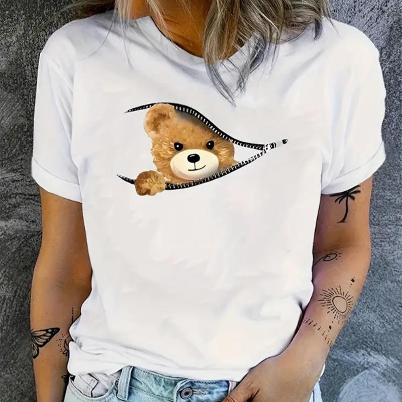 

Футболка с графическим принтом медведя, короткий рукав, круглый вырез, повседневный топ для лета и весны, женская одежда 6XL белый