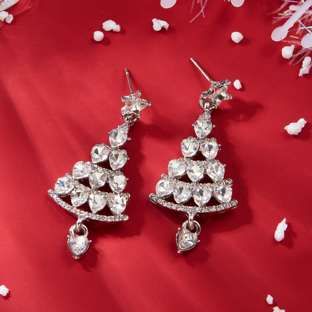Sparkling Zircon Christmas Tree Stud Earrings for Women Shiny Green Rhinestone Tree Pendant Earring Xmas New Year Party Jewelry