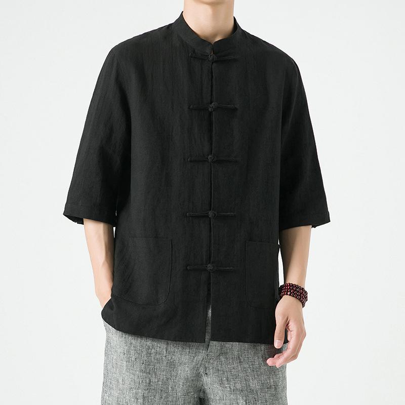 

Chinese Style Men s Summer Linen Shirt Retro Stand Collar Half Sleeve Chinese Kong Fu Suit Men Hanfu XXXXL чорний
