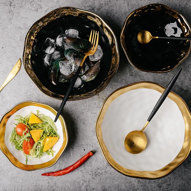 Ceramic White Steak Plate With Gold Edge Breakfast Tray Retro Bowl Dessert Pasta Dishes Western Food Container Ramen Bowl 1pcs