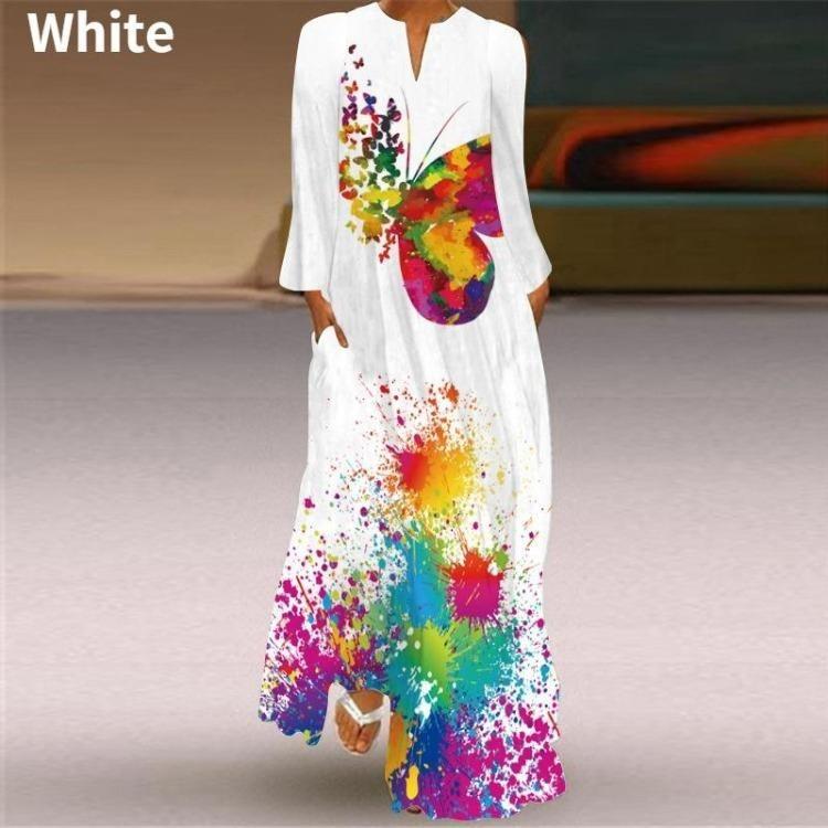 Fashion Graphic Print Long Sleeve Maxi Dress for Women V Neck Loose Casual Floor Length Dress with Pocket