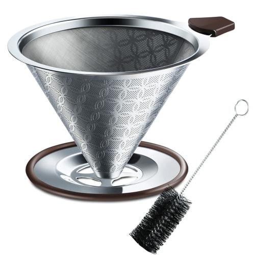SRIWATANA Coffee Dripper, Stainless Steel Filter, Dual-Layer Mesh, Integrated, with Cleaning Brush, 4-Cup Capacity
