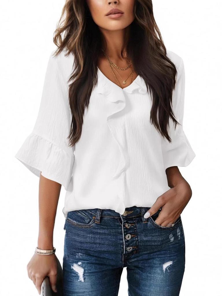 European & American Style Ruffled Lantern Collar Casual Women's Short-Sleeve Top 2026