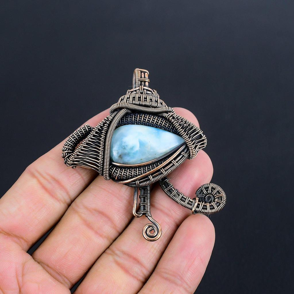 Larimar Pendant Gemstone Jewelry, 999 Copper Wire Wrapped Pendant, Handmade Jewelry Birthstone Pendant, Gift For Him