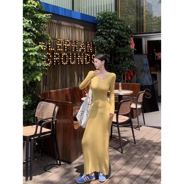 High-end Korean Version of Long-sleeved Knitted Dress, Slim-fitting Temperament Hip-wrapped Skirt, Casual Waist and Thin Skirt