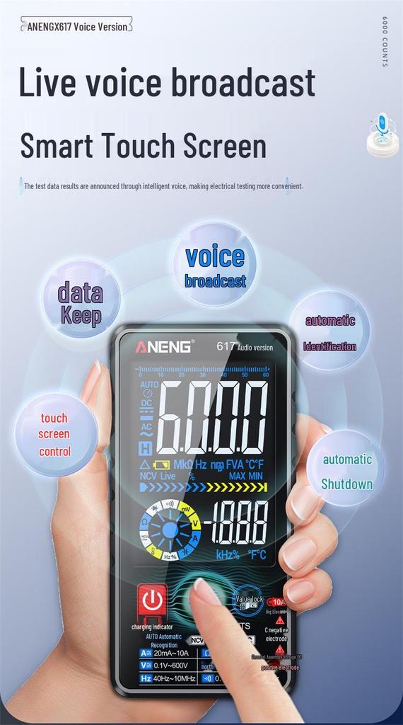 ANENG Smart Voice Multimeter with Touchscreen & Color Display for Electricians - Model 615/617