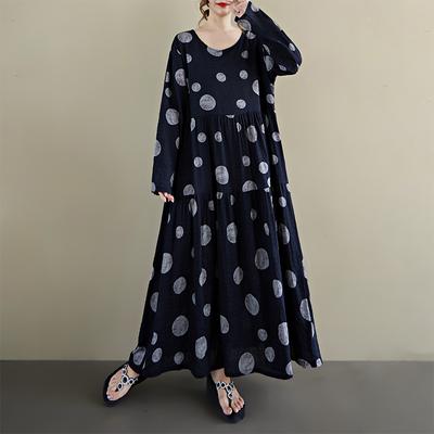DIMANAF 2025 Women Plus Size Spring Long Dress Loose Basic Printing Vintage Casual Floral Oversize Long Sleeve Maxi